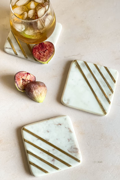 Natural Marble Square Coasters with Brass Inlay- Set of 4