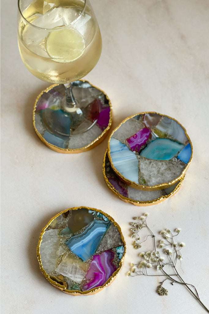 Round Multi-Coloured Agate Stone Coasters with Gold electroplated Border- Set of 2