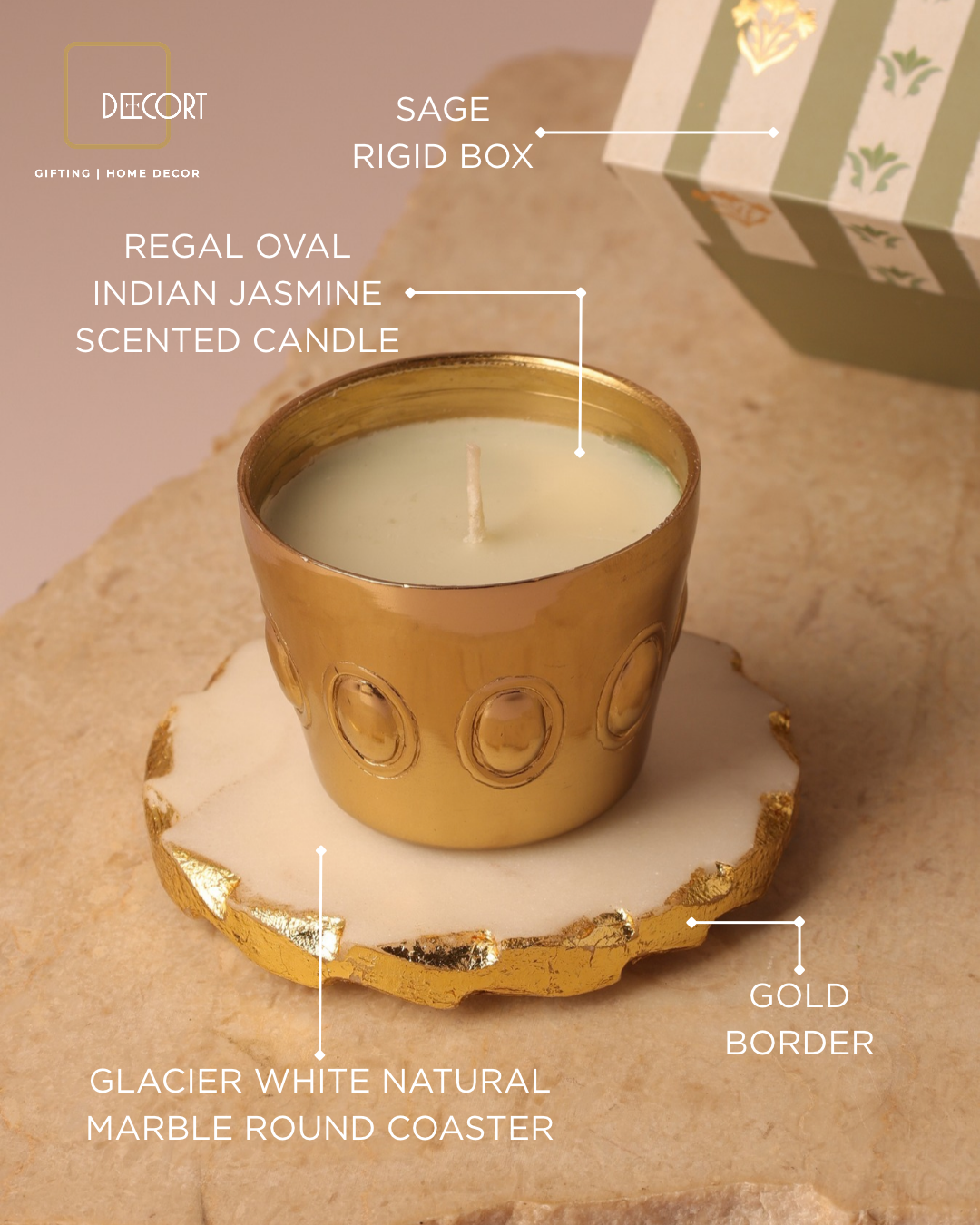 Set of 2 Glacier White Natural Marble Round Coasters with Gold Borders & Set of 2 Regal Oval Indian Jasmine-Scented Candles – Luxury Gift Set (Gift Box Included)