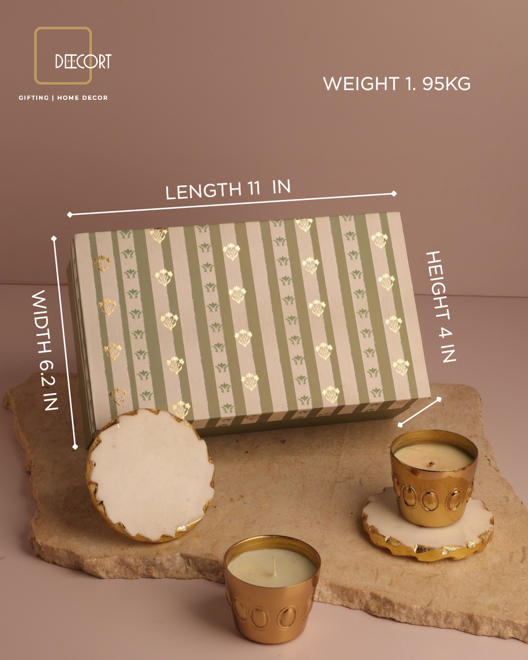 Set of 2 Glacier White Natural Marble Round Coasters with Gold Borders & Set of 2 Regal Oval Indian Jasmine-Scented Candles – Luxury Gift Set (Gift Box Included)