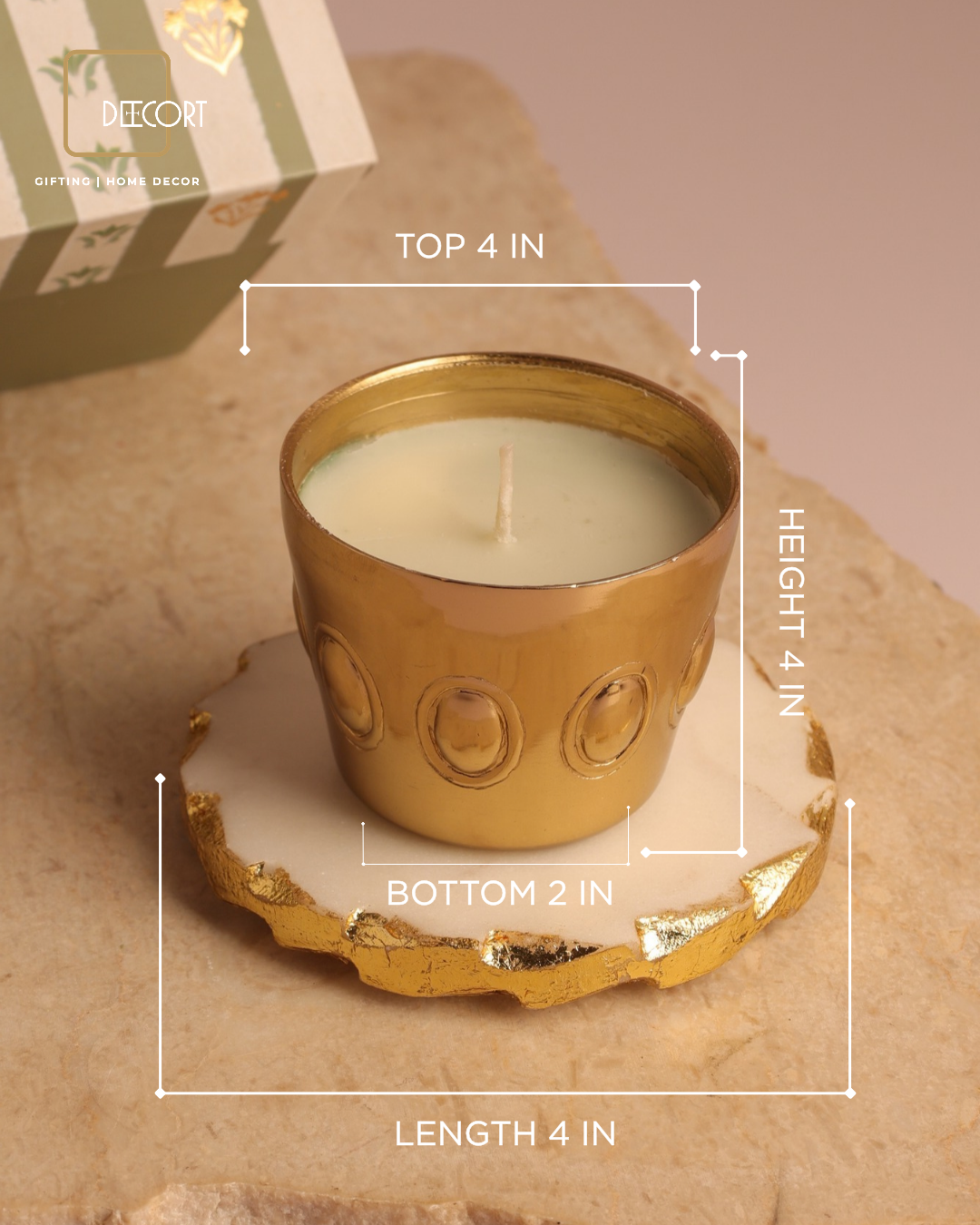 Set of 2 Glacier White Natural Marble Round Coasters with Gold Borders & Set of 2 Regal Oval Indian Jasmine-Scented Candles – Luxury Gift Set (Gift Box Included)