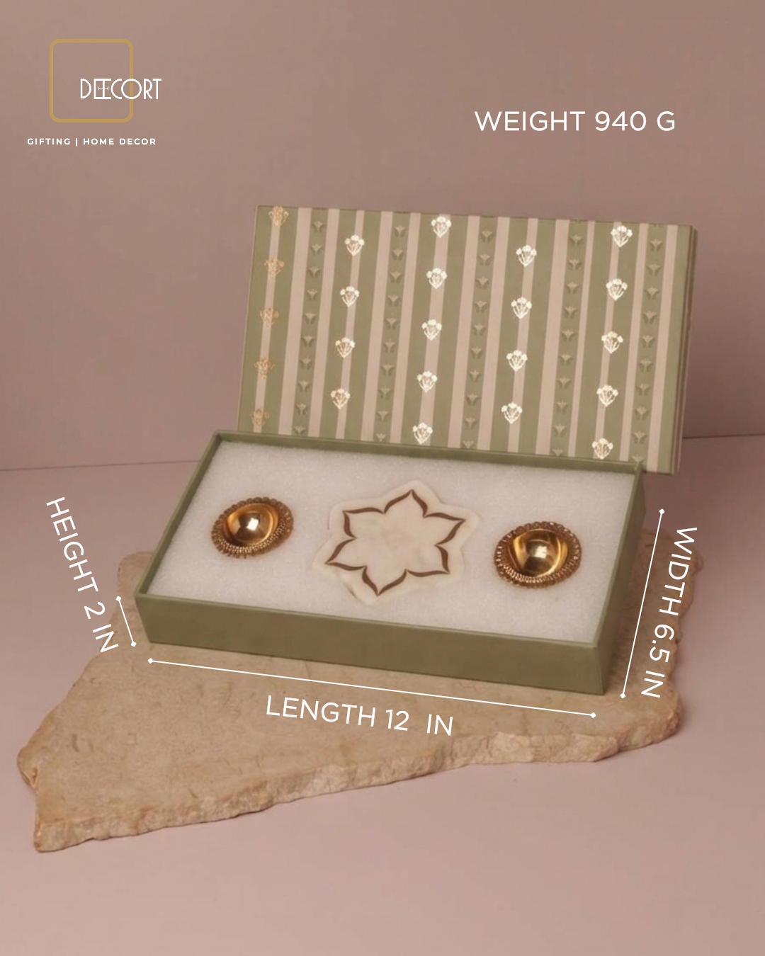 Set of 2 Brass Diyas & Set of 2 Urli Natural Marble Coasters with Brass Inlay – Traditional Luxury Gift Set (Gift Box Included)