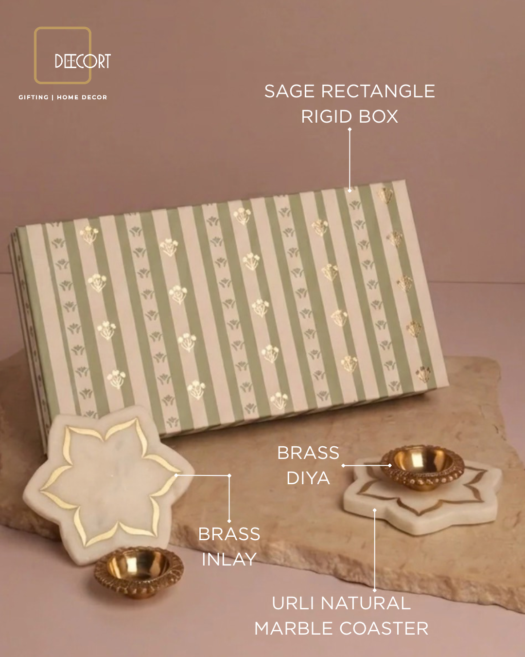 Set of 2 Brass Diyas & Set of 2 Urli Natural Marble Coasters with Brass Inlay – Traditional Luxury Gift Set (Gift Box Included)