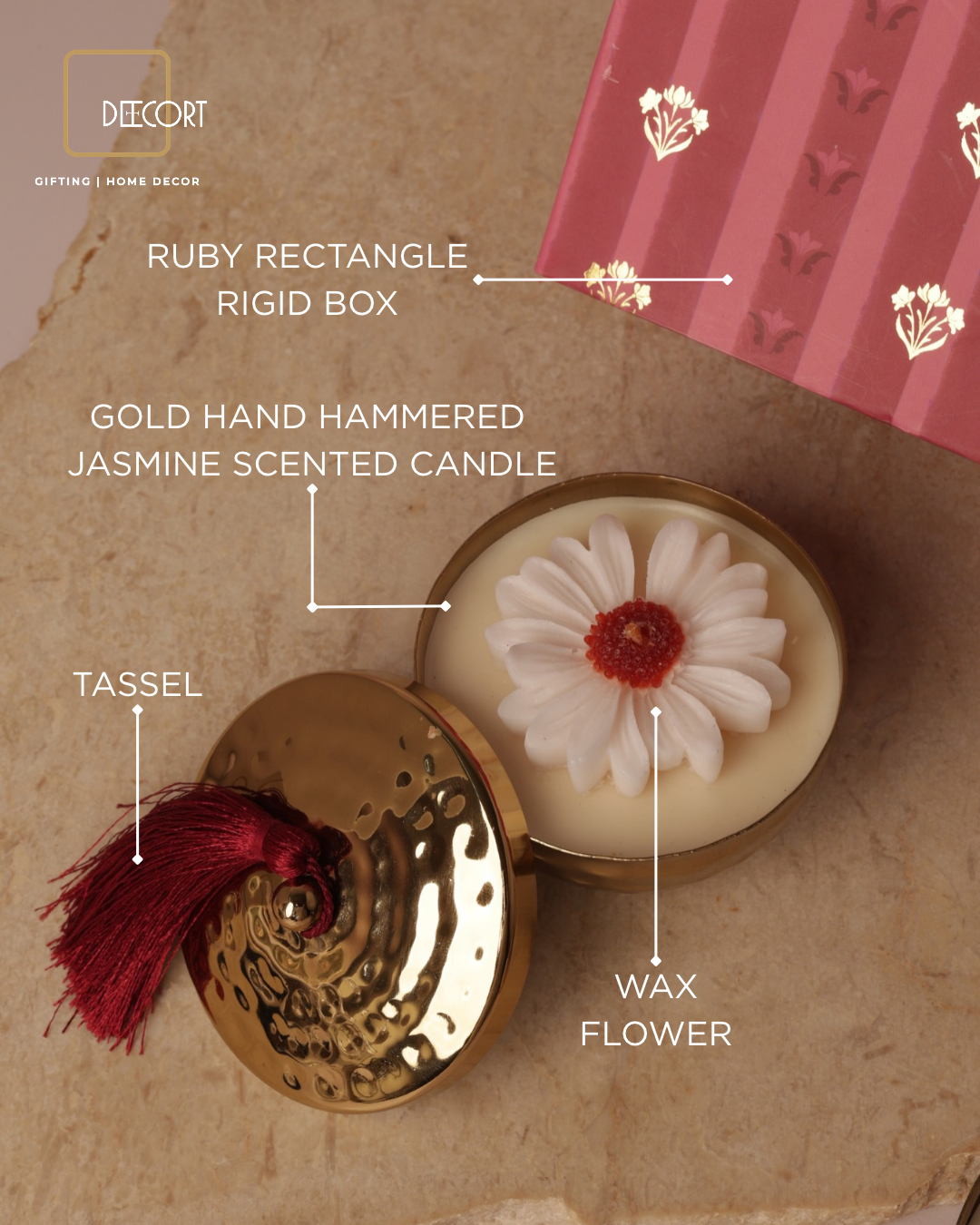Set of 2 Gold Hand-Hammered Jasmine-Scented Candles with Wax Flowers & Tassels – Luxury Gift Set (Gift Box Included)