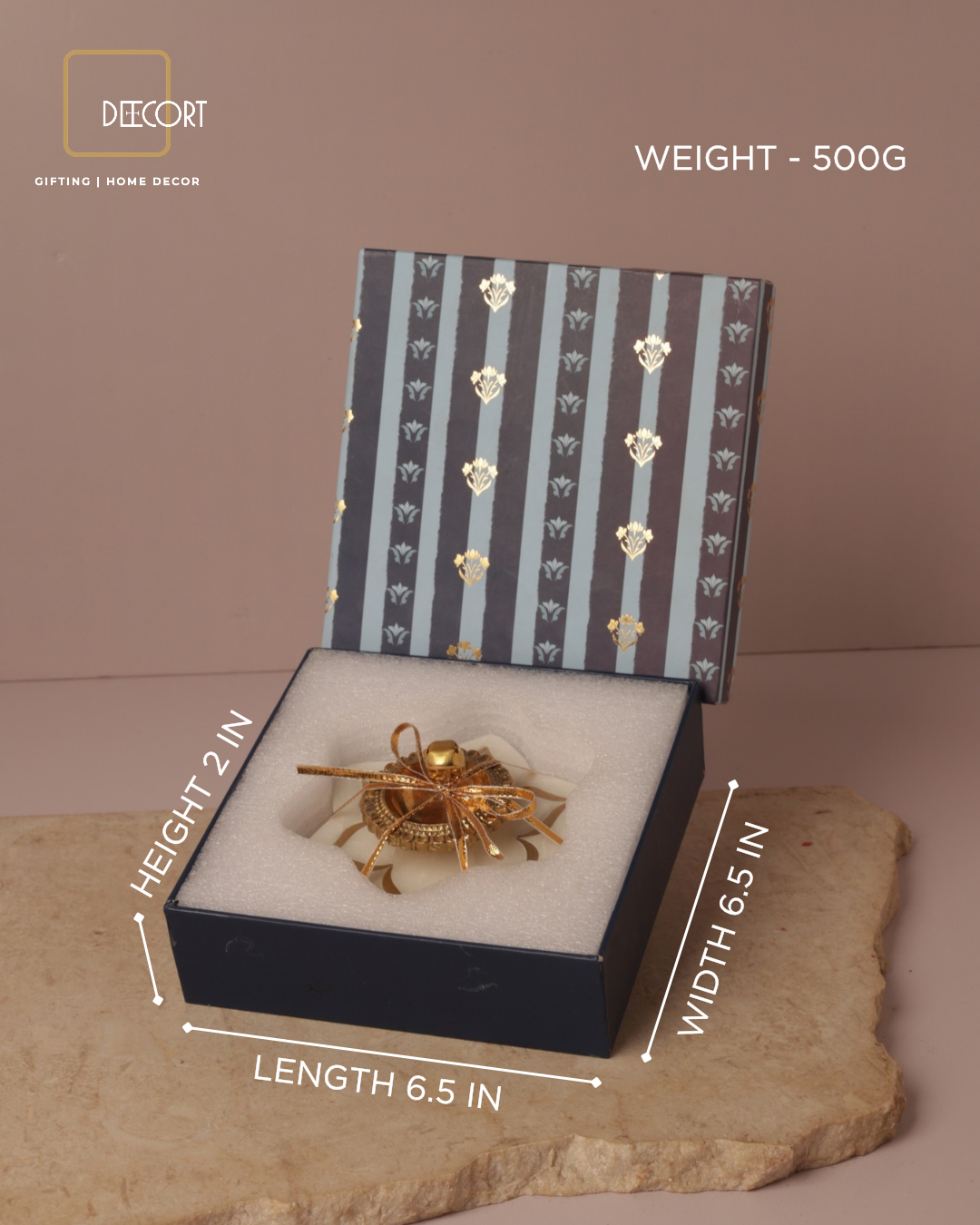 Urli Natural Marble Coaster with Brass Inlay & Brass Diya – Festive Gift Set (Gift Box Included)