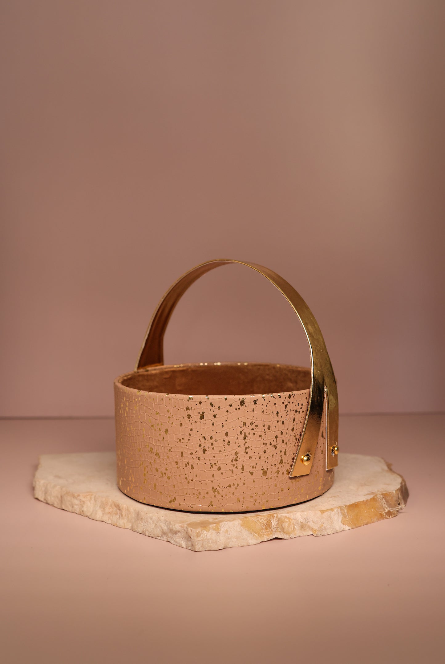 Gold Textured Beige Vegan Leather Round Hamper Basket