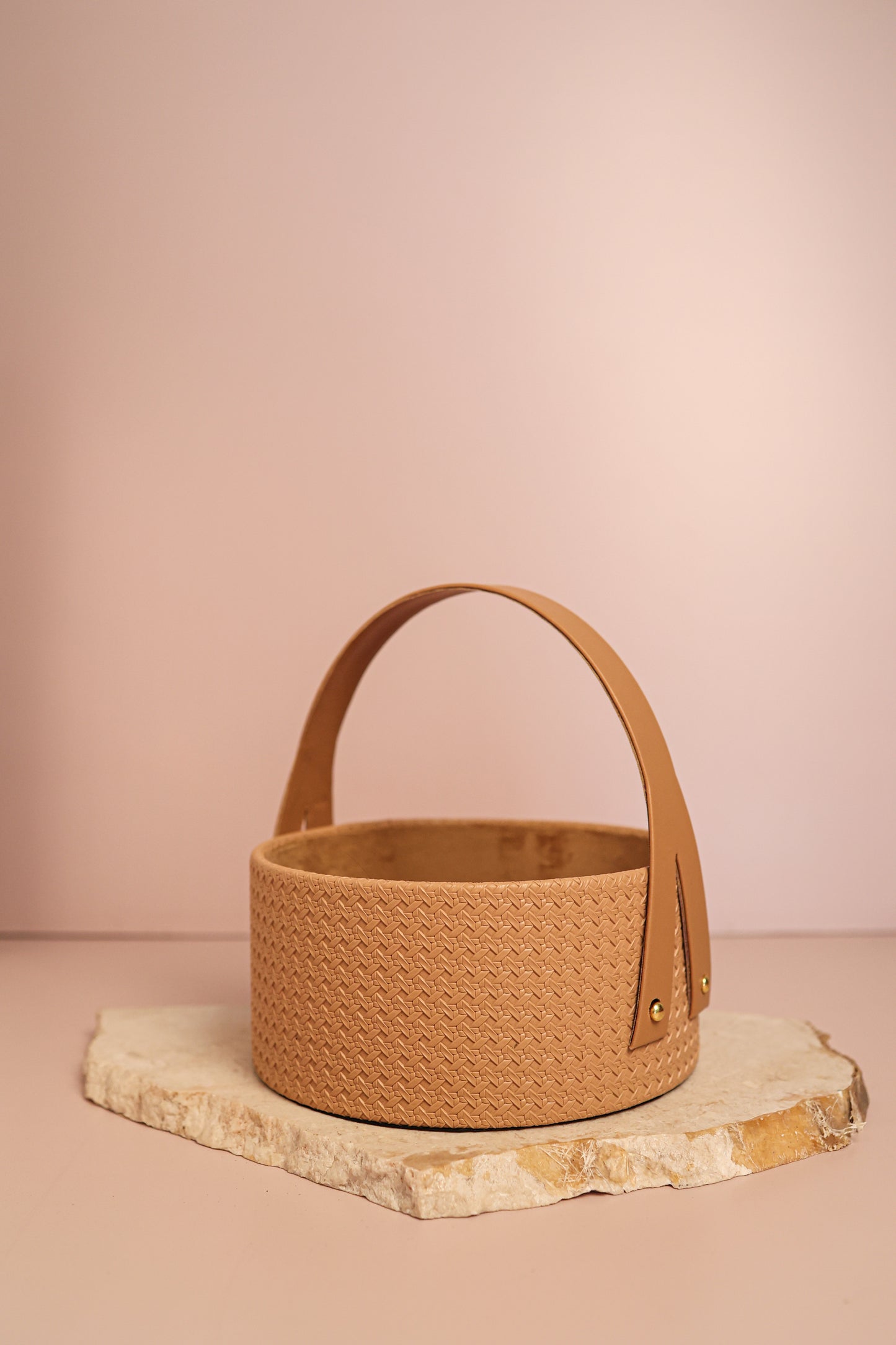 Textured Vegan Leather Round Hamper Basket