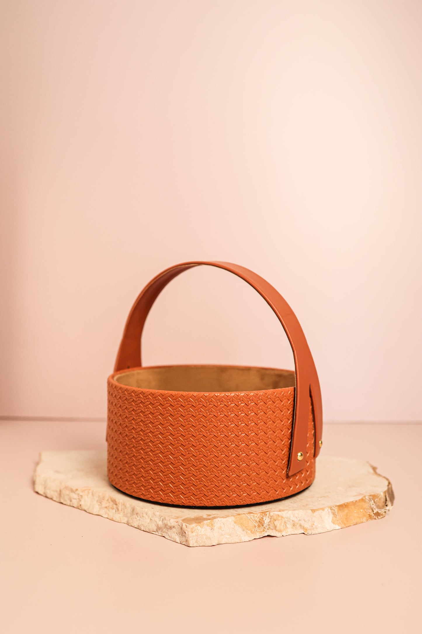 Textured Vegan Leather Round Hamper Basket