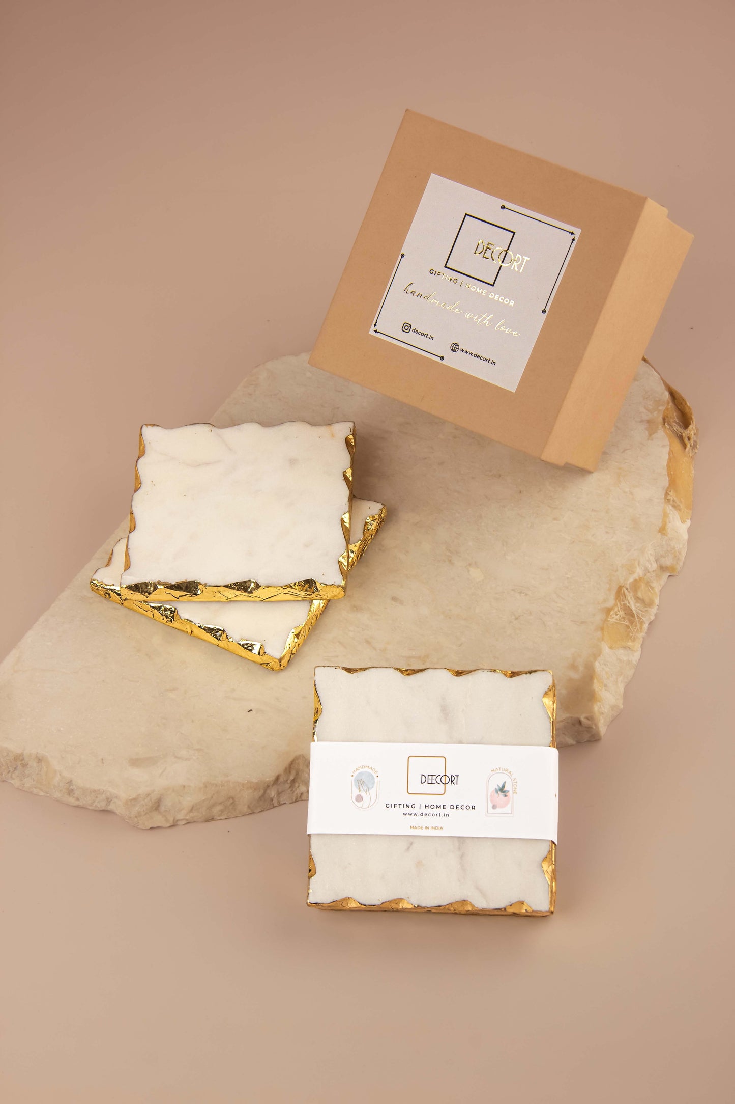 Glacier White Natural Marble Square Coasters with Gold Borders - Set of 4