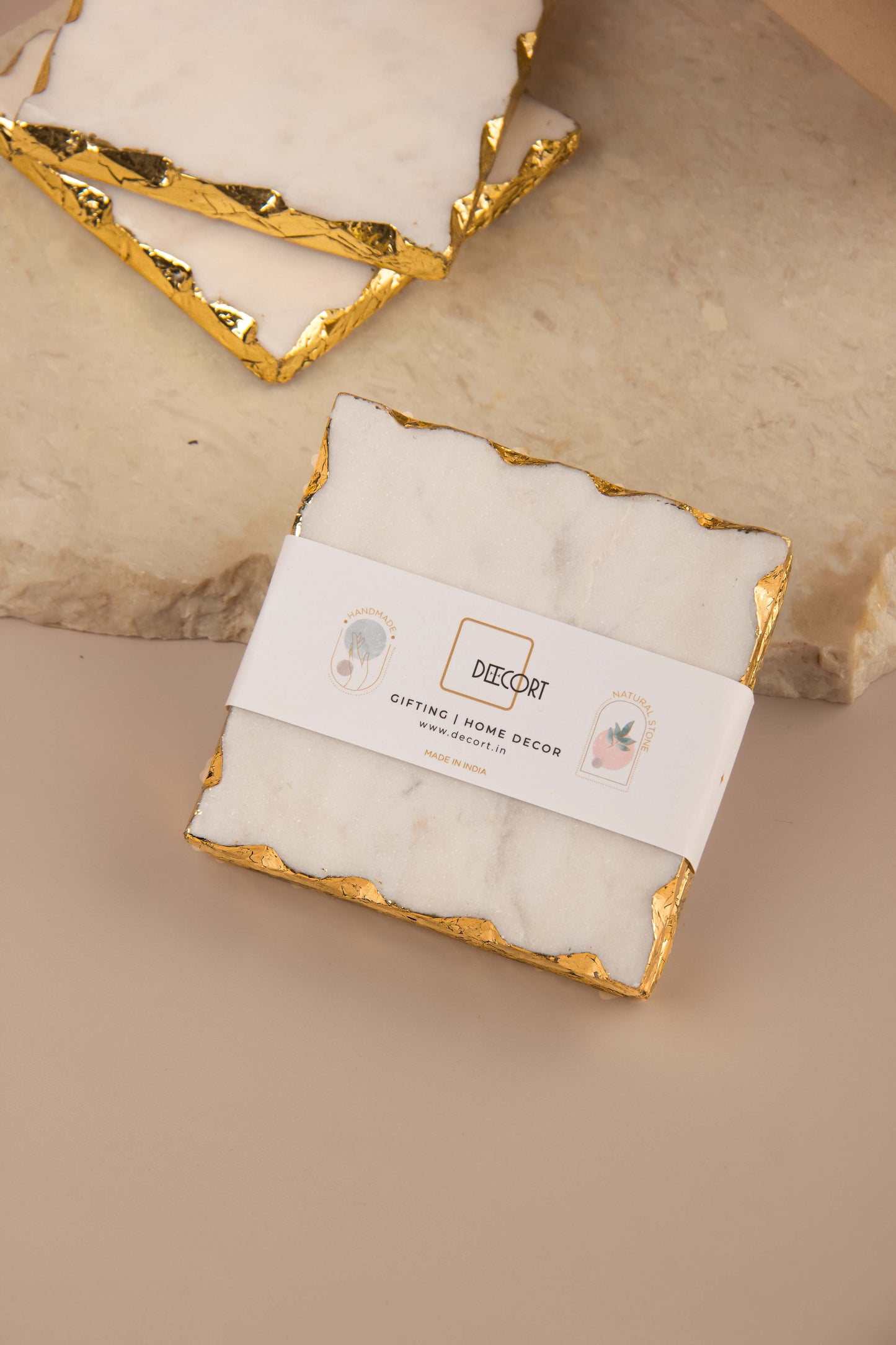 Glacier White Natural Marble Square Coasters with Gold Borders - Set of 4