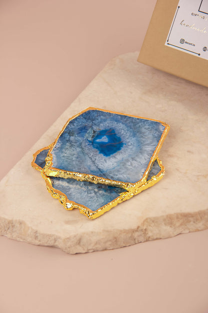 Agate Ocean Blue coasters with gold electroplated borders- Set of 2