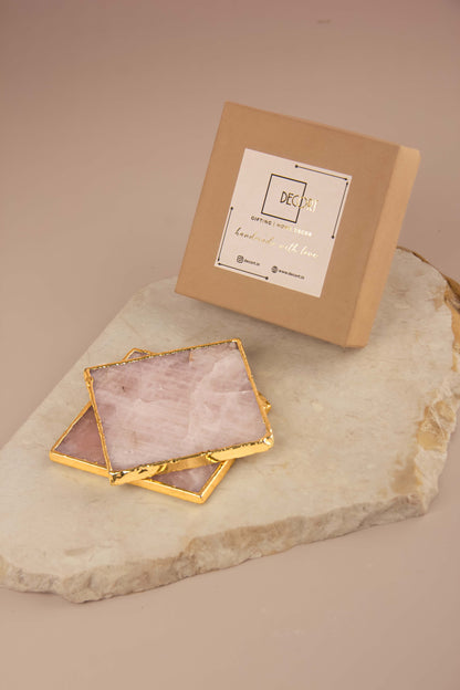 Square Rose Quartz Coasters With Gold Electroplated Borders- Set of 2