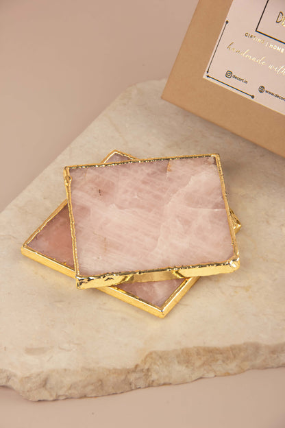 Square Rose Quartz Coasters With Gold Electroplated Borders- Set of 2