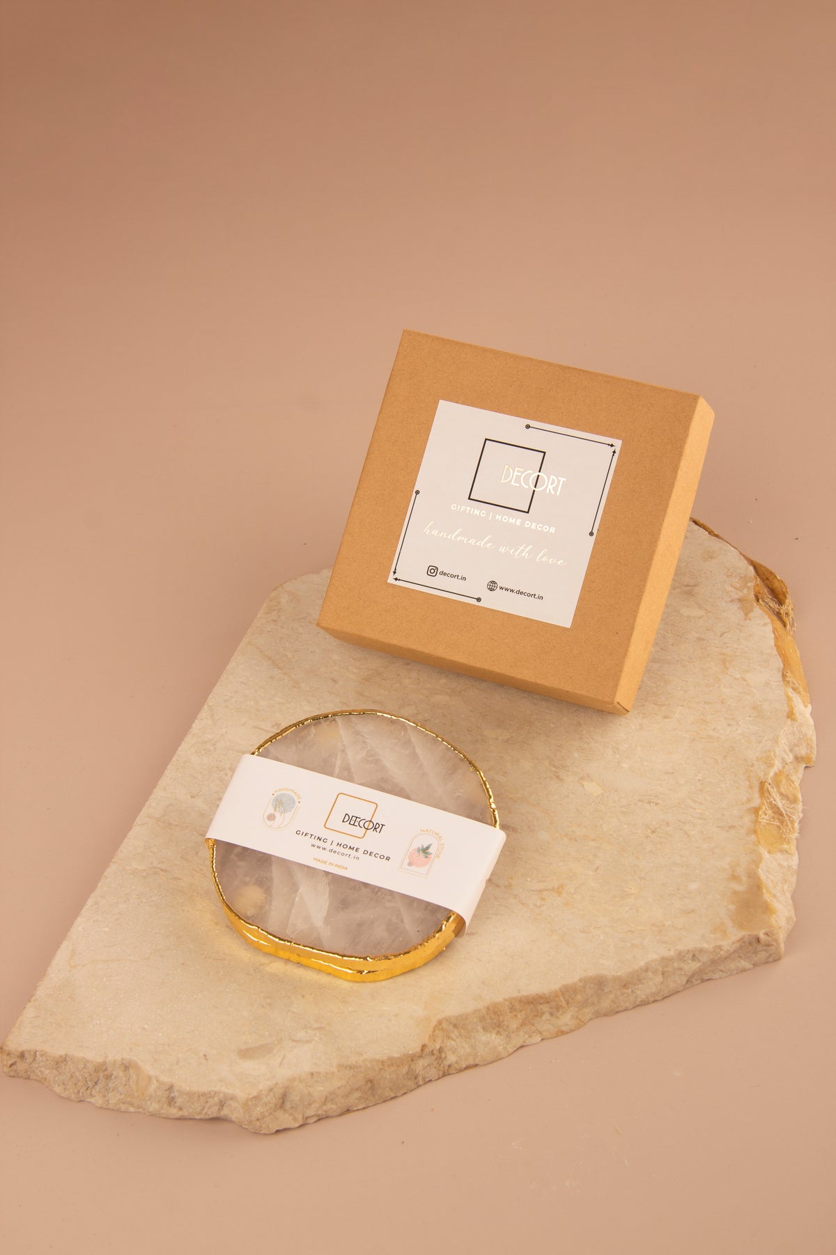 White Quartz Coasters with Gold Rim - Set of 2