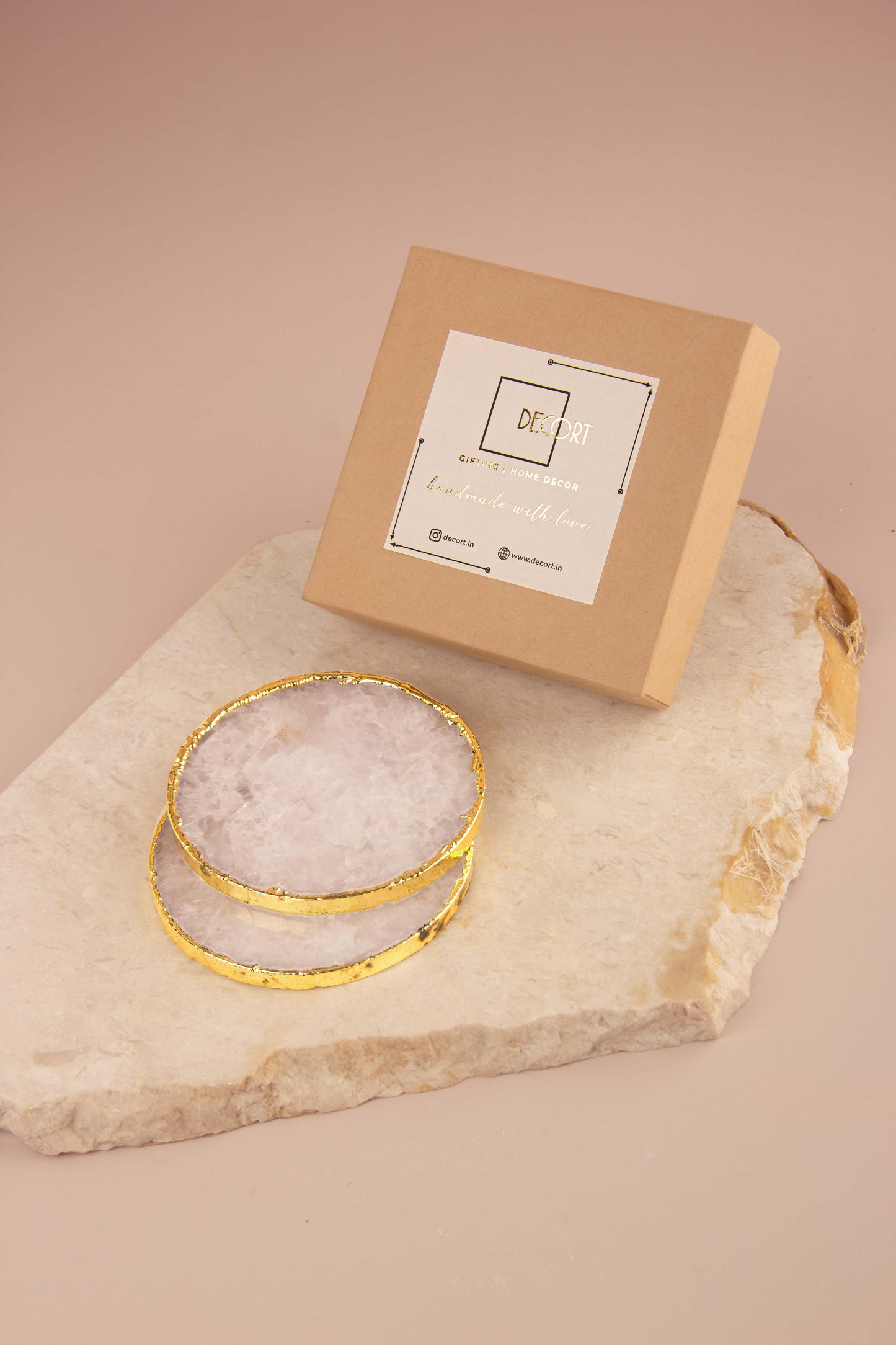 Round Rose Quartz Coasters With Gold Electroplated Borders- Set of 2