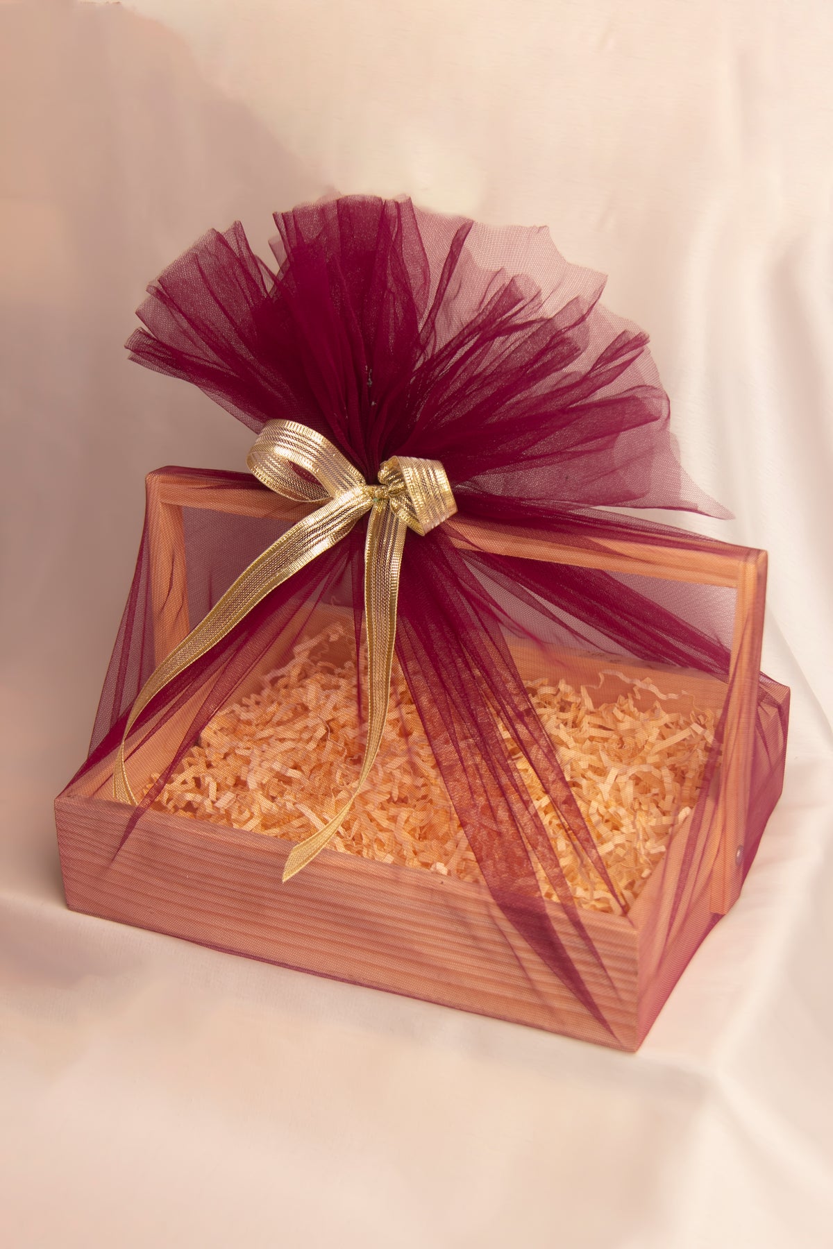 Pinewood Rectangle Basket with Wooden Handle - 10X8X2.5 Inches with Paper Shredder, Net, Ribbon & Paper Tag