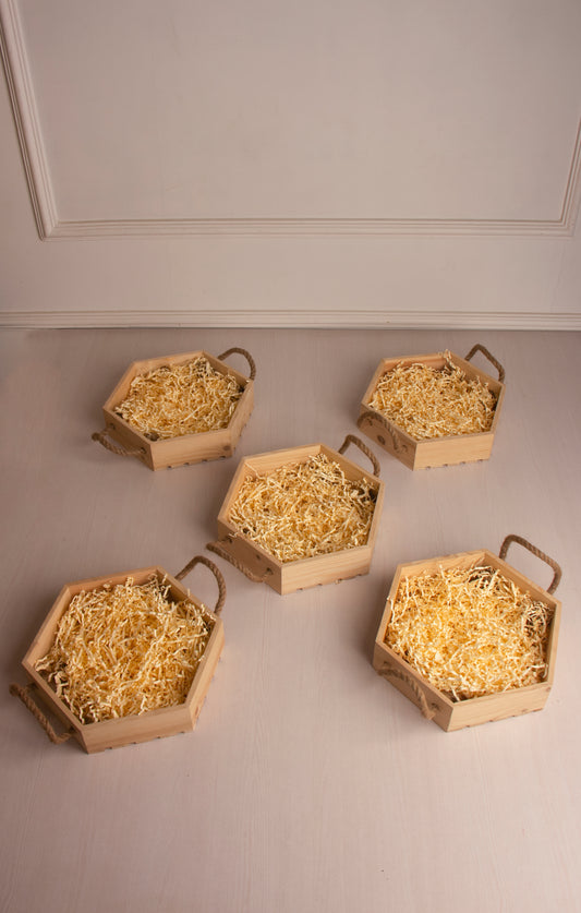 Pinewood Hexagoan Basket With Jute Handle - Pack of 5