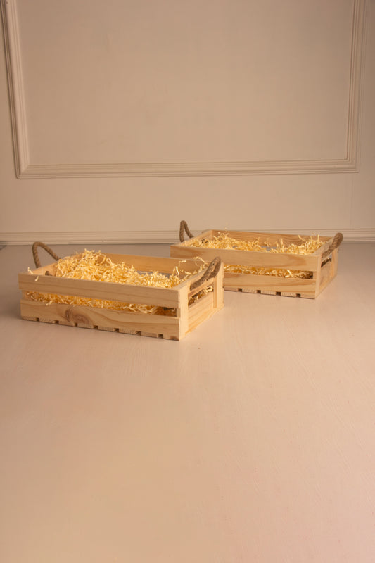 Pinewood Rectangle Basket With Jute Handle - Pack of 2