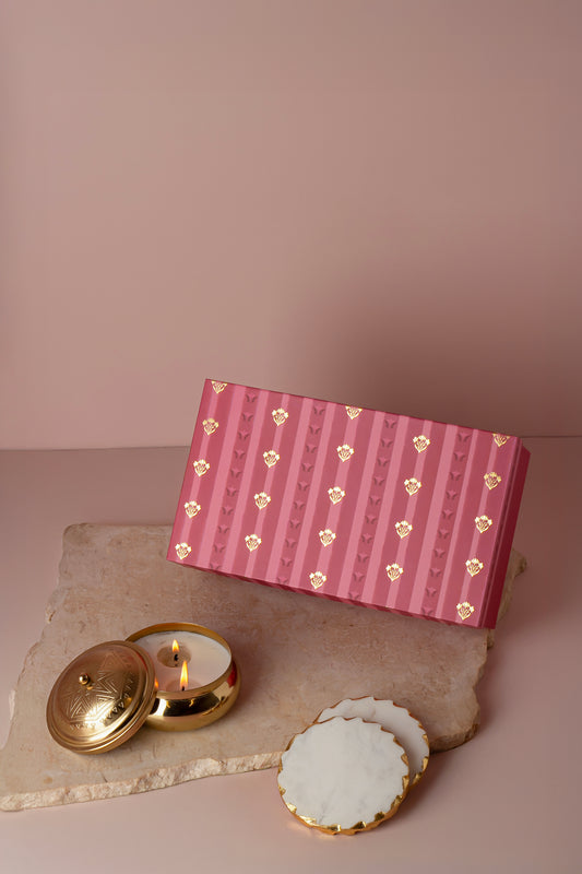 Geometric Embossed Gold Double Wick Scented Candle and Set of 2 Round Marble coasters with Gold Border
