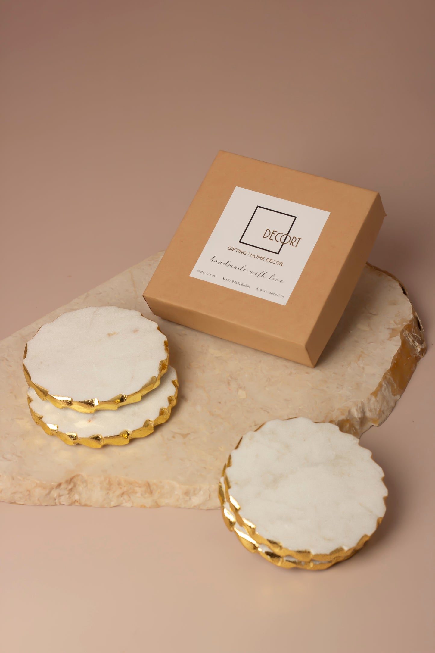 Glacier White Natural Marble Round Coasters with Gold Borders - Set of 4