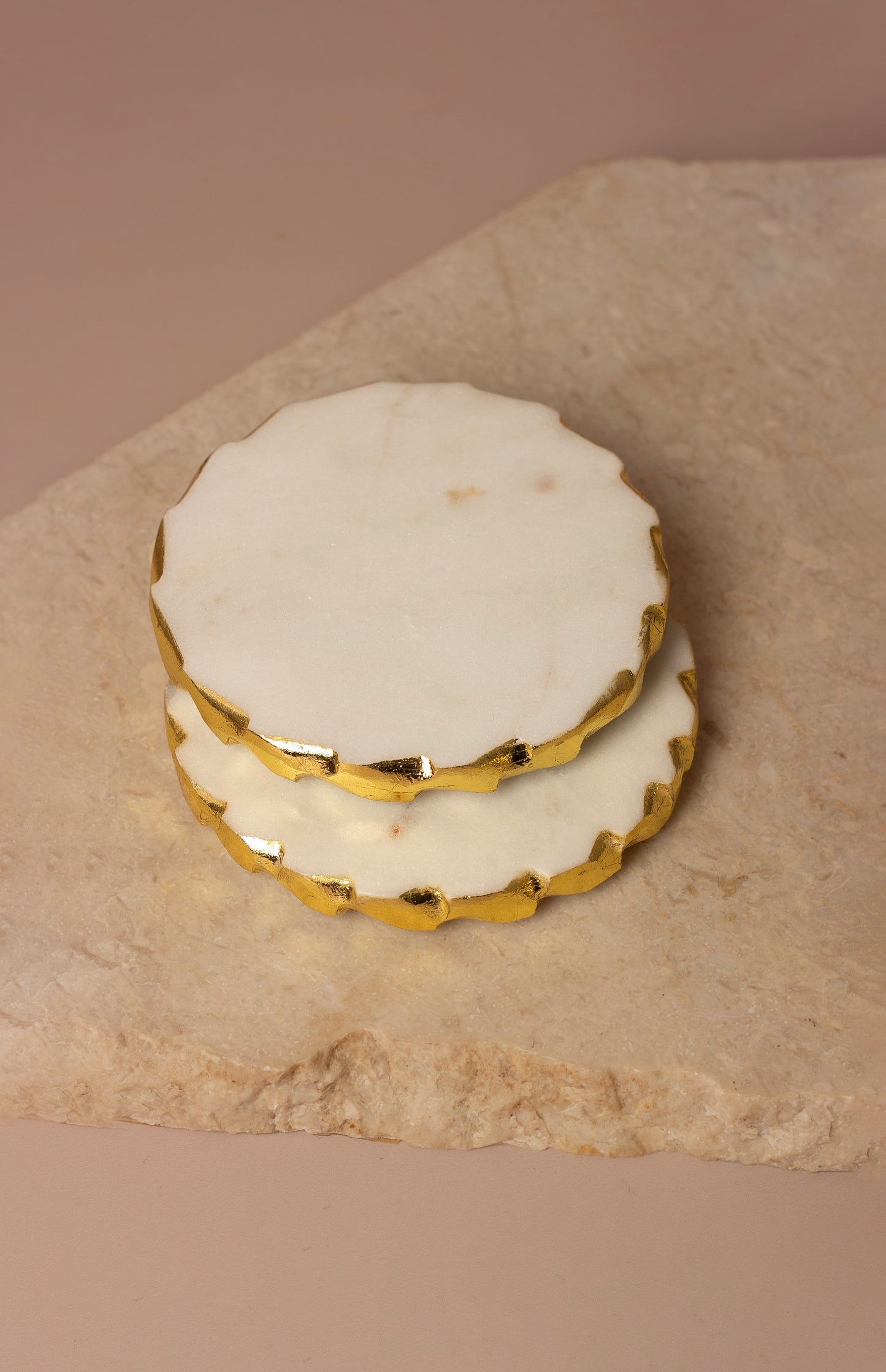 Glacier White Natural Marble Round Coasters with Gold Borders - Set of 4