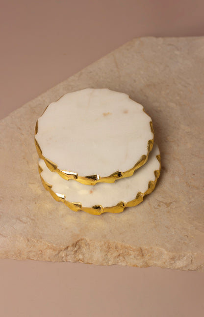 Glacier White Natural Marble Round Coasters with Gold Borders - Set of 4