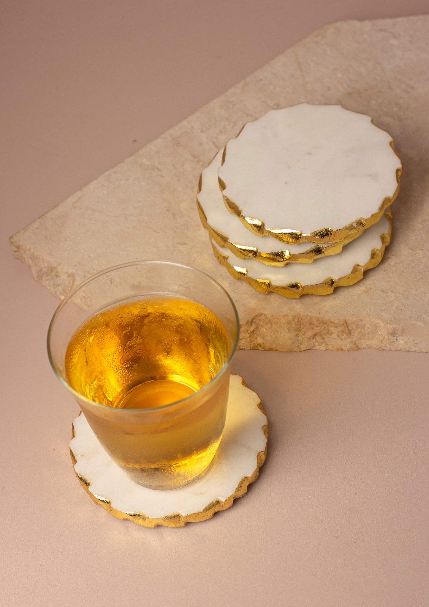 Glacier White Natural Marble Round Coasters with Gold Borders - Set of 4