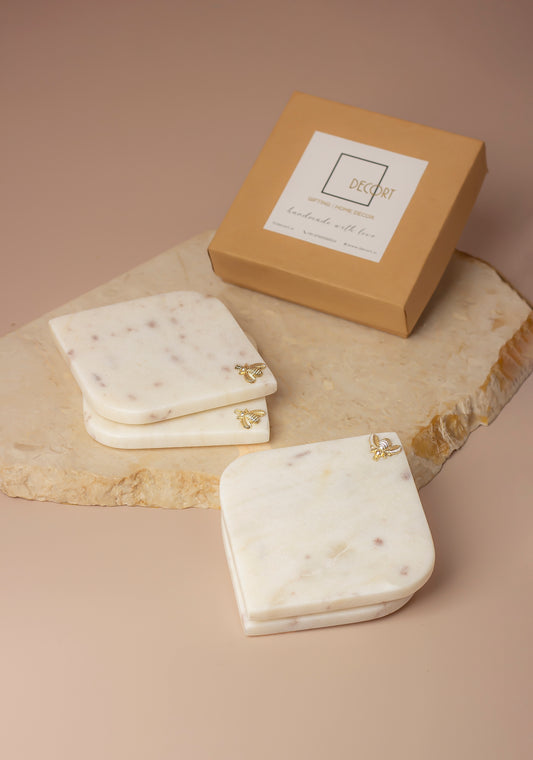 Honey Bee Natural Marble Coasters - Set of 4