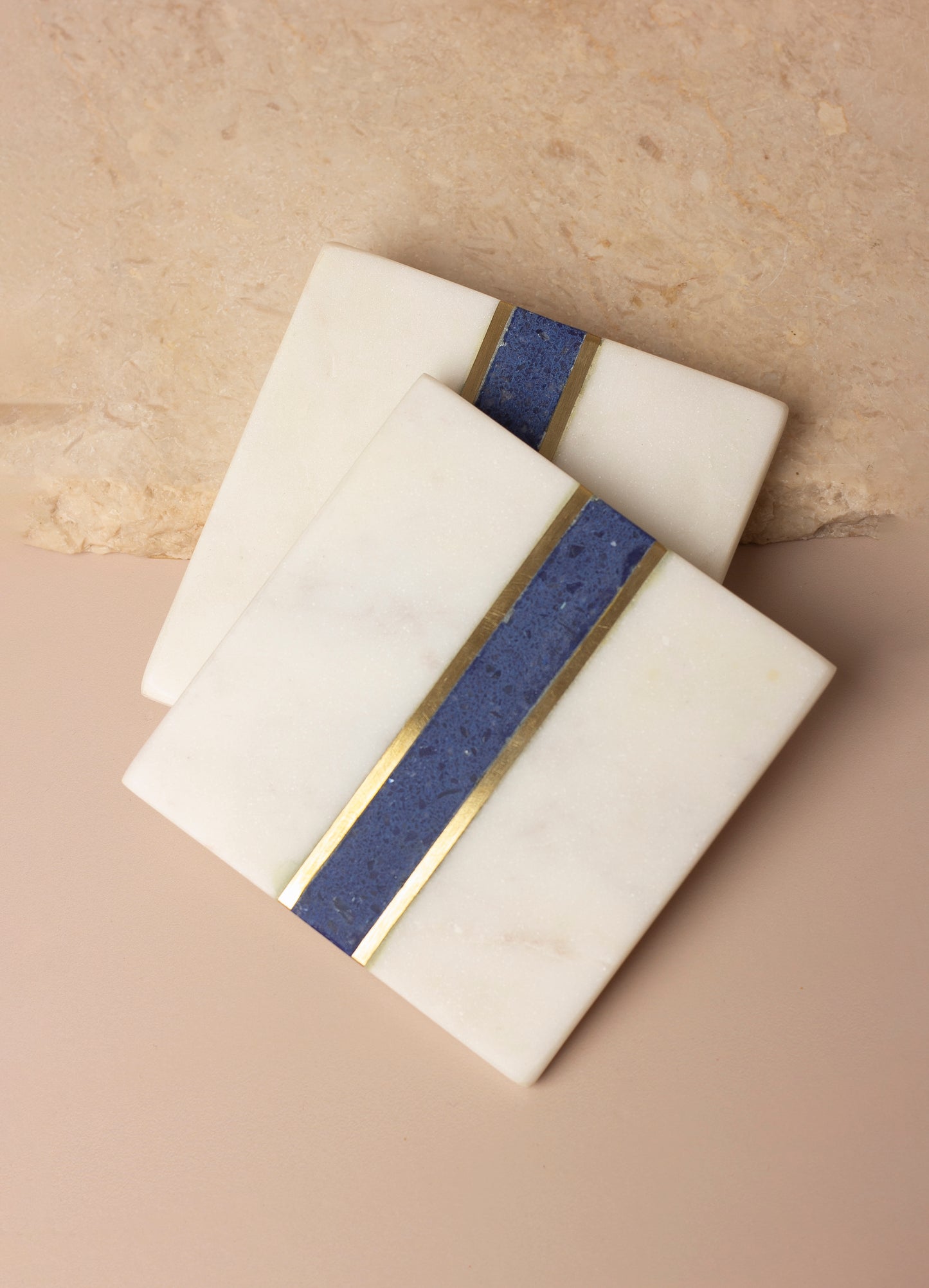 Blue Lapis Natural Marble Square Coasters with Brass Inlay- Set of 2