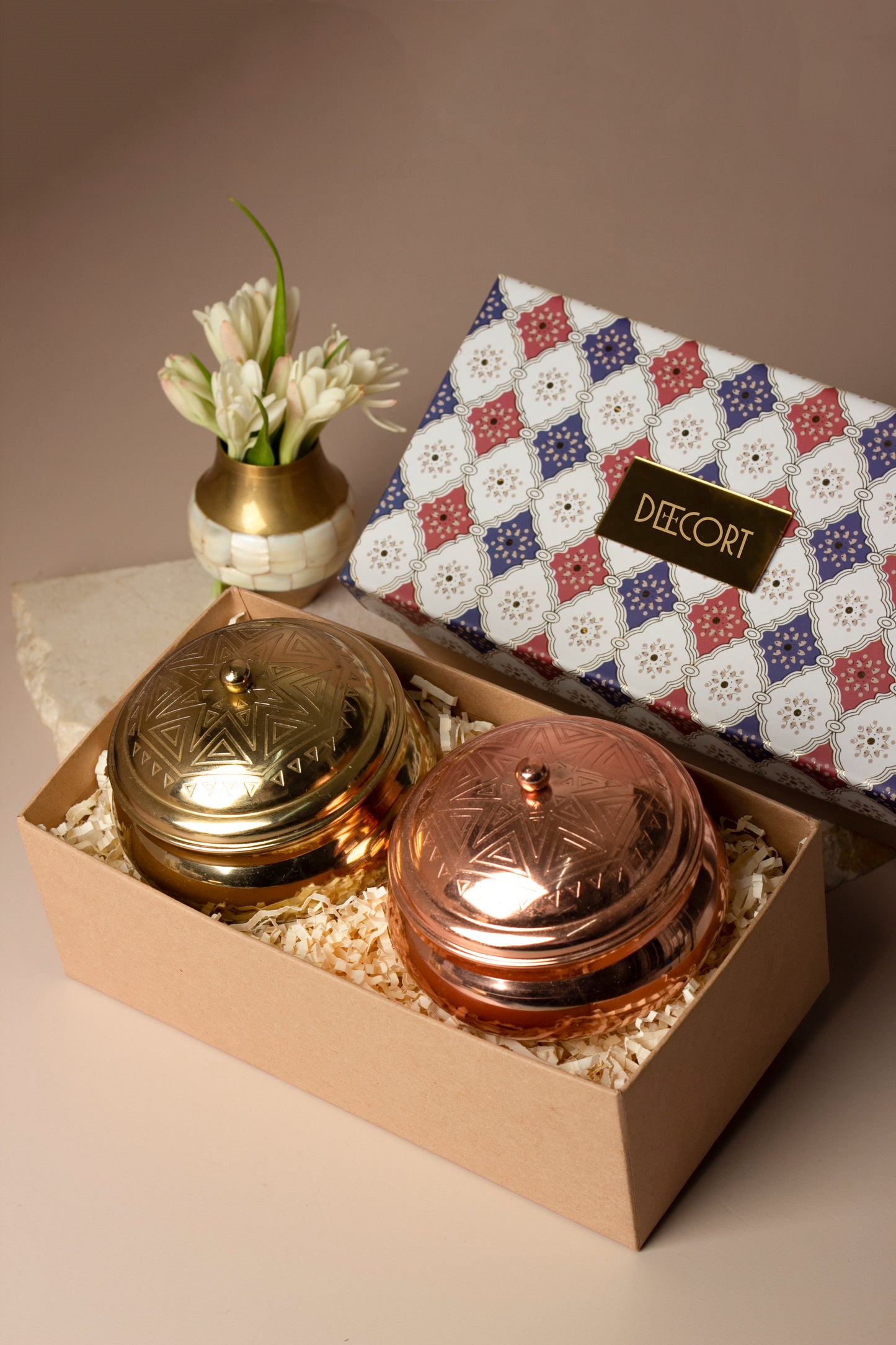 Geometric Embossed Gold and Rose Gold Double Wick Scented Candle - Set of 2