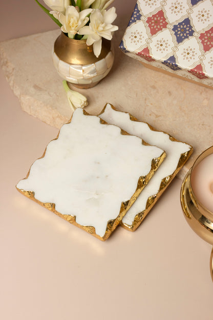 Geometric Embossed Gold Double Wick Scented Candle and Set of 2 Marble coasters with Gold Border