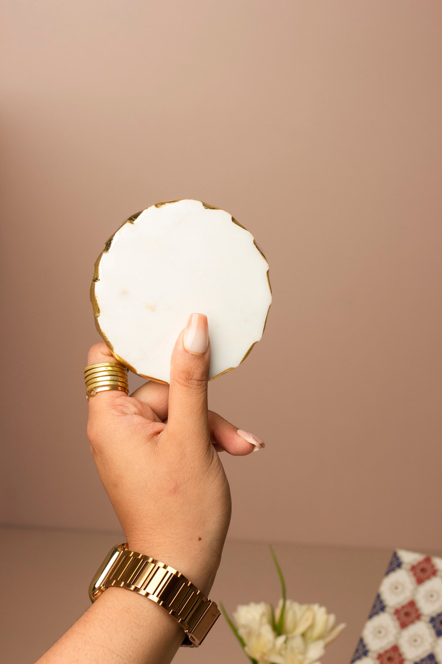 Geometric Embossed Gold Double Wick Scented Candle and Set of 2 Round Marble coasters with Gold Border