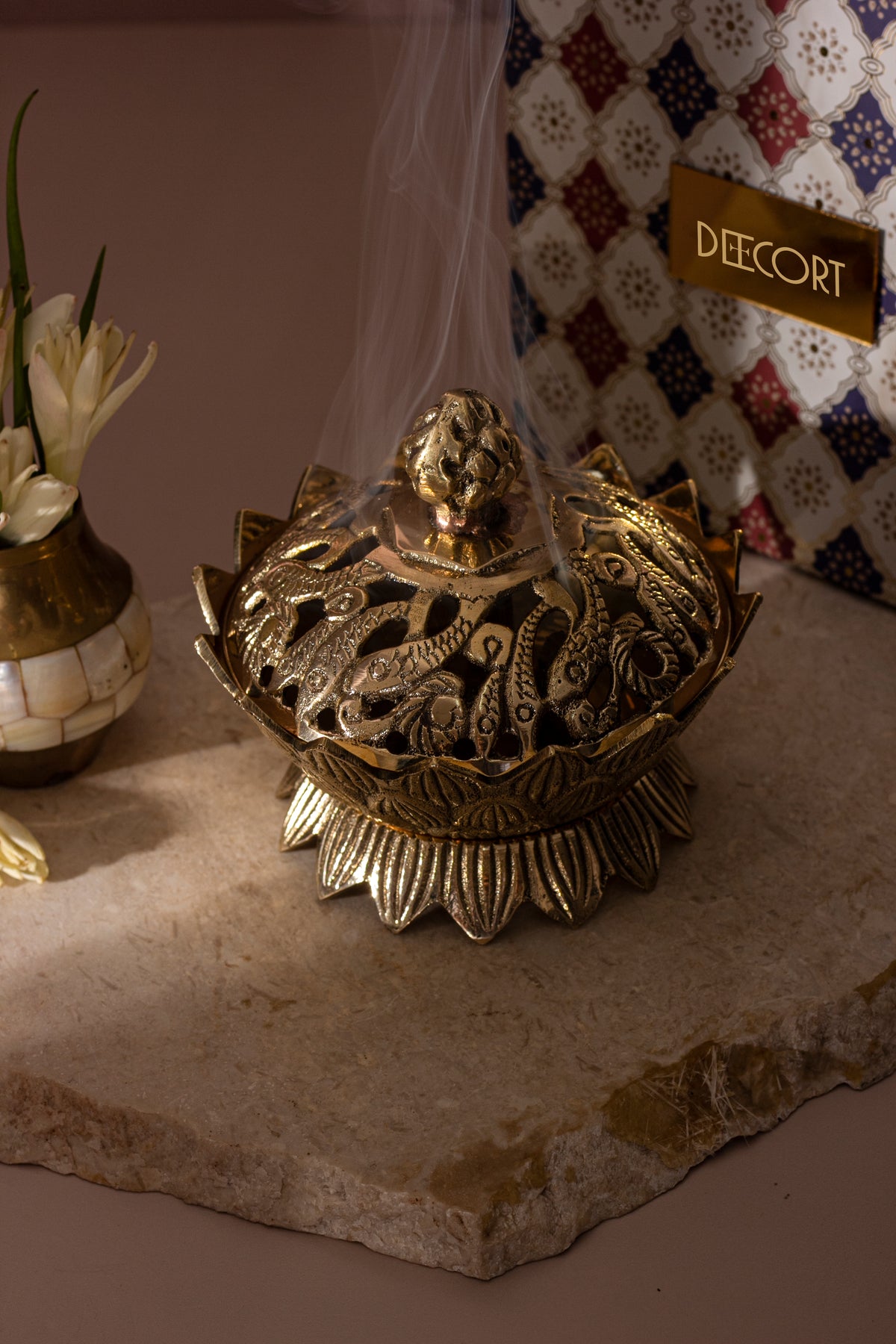 Lotus Brass Incense Holder with pack of 10 Scented Dhoop Cones