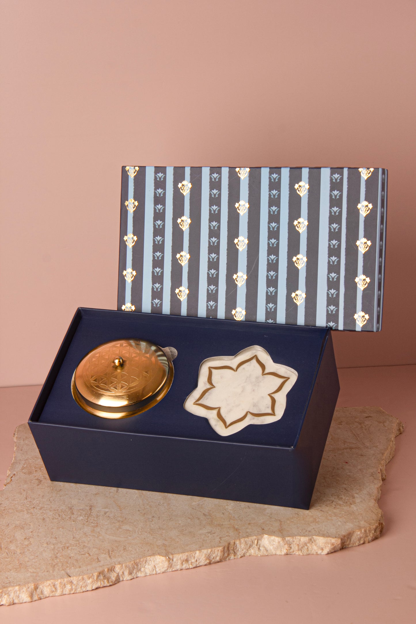 Matte Gold Embossed Jasmine Scented Candle & Marble Urli Coasters with Brass Inlay (set of 2) - Gift Set