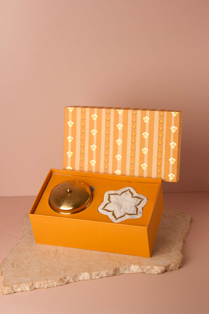 Matte Gold Embossed Jasmine Scented Candle & Marble Urli Coasters with Brass Inlay (set of 2) - Gift Set