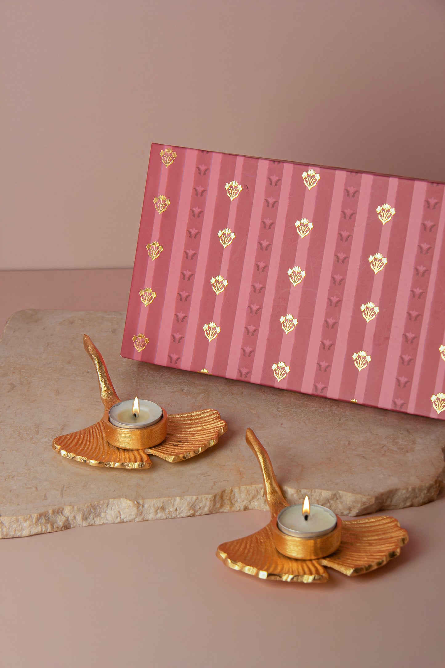 Gold Flabellate Leaf T Light Holder with scented candles - Set of 2