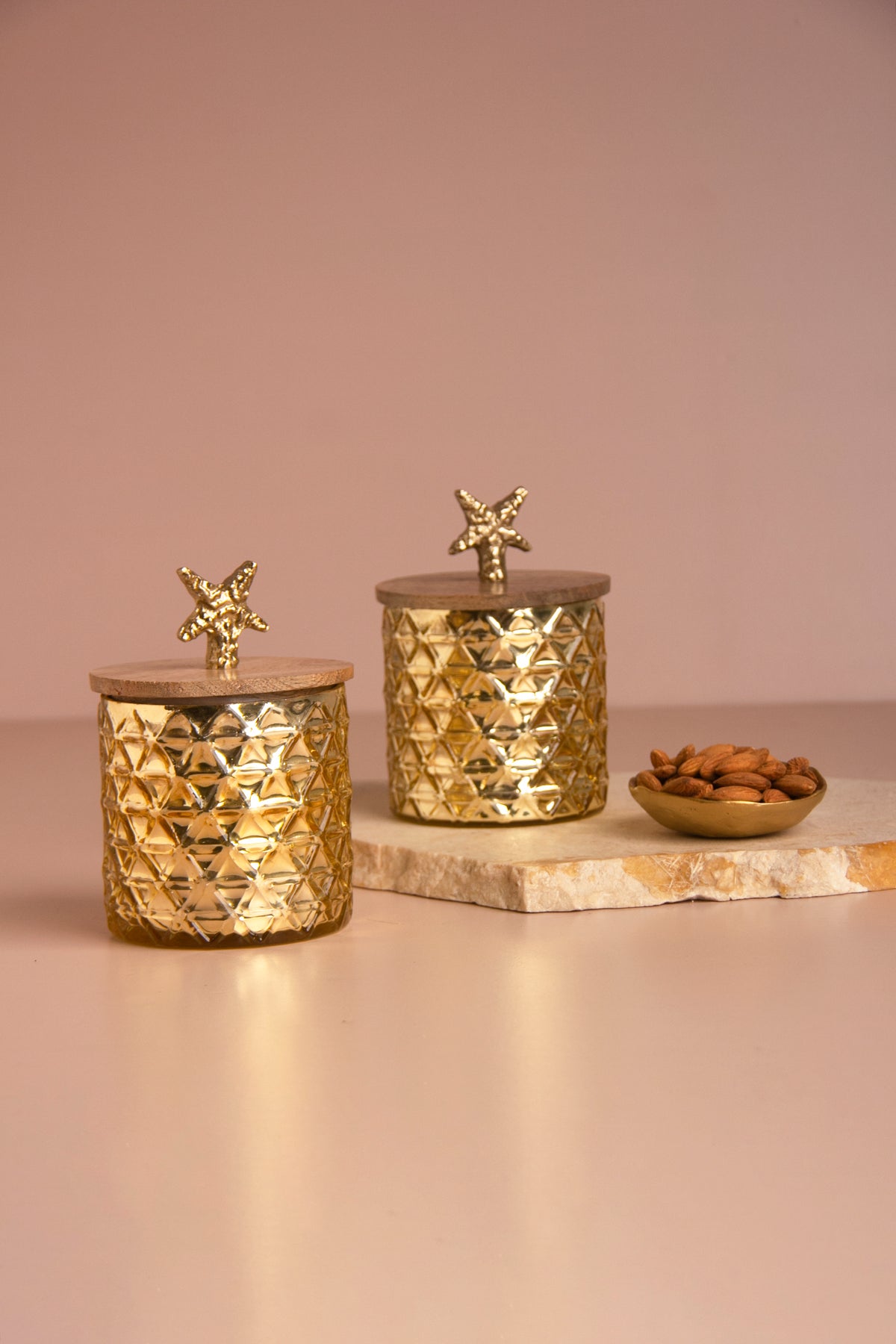 Gilded Triangle Gold Glass Jar with Wooden lid - Set of 2