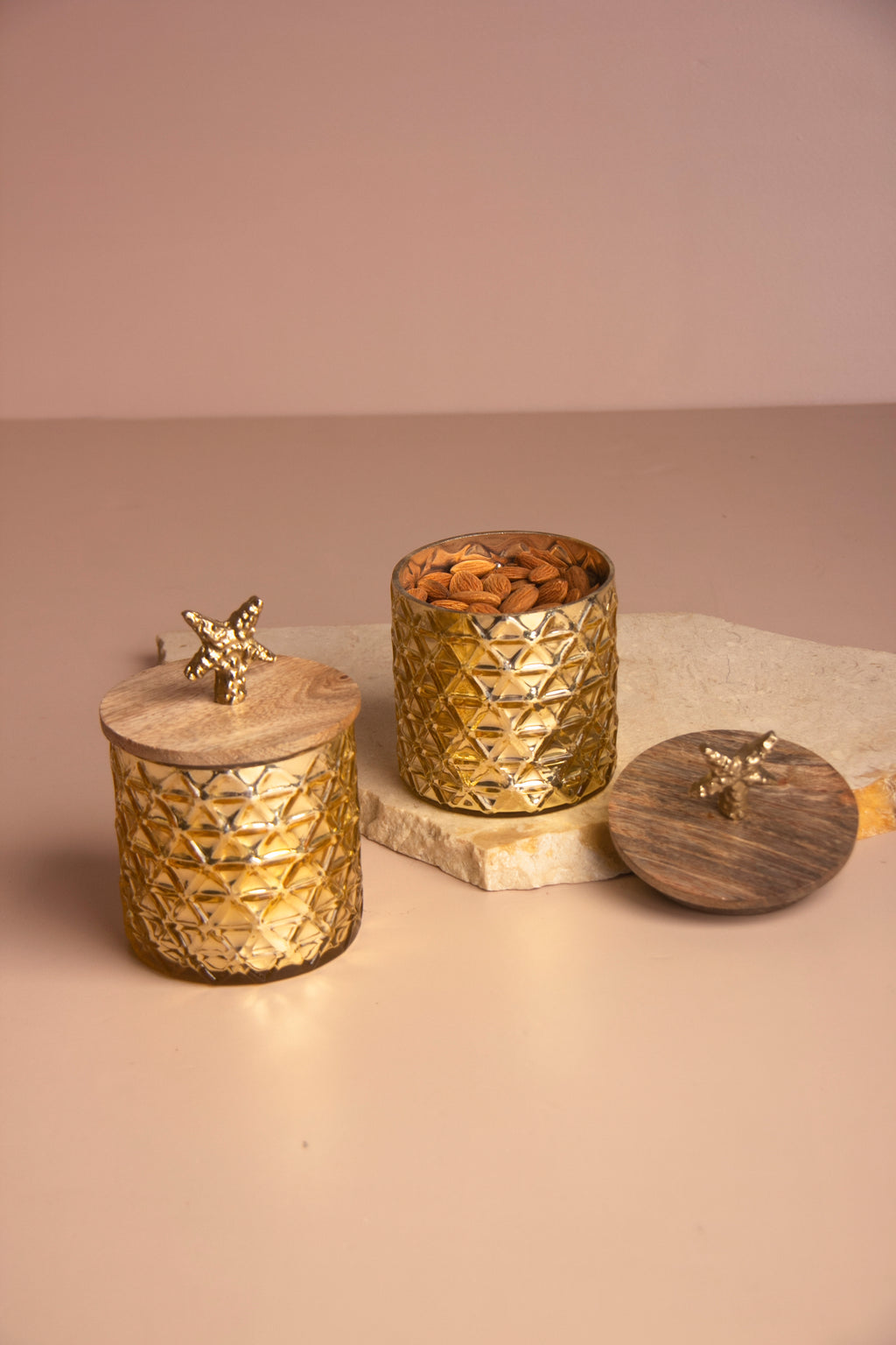 Gilded Triangle Gold Glass Jar with Wooden lid - Set of 2