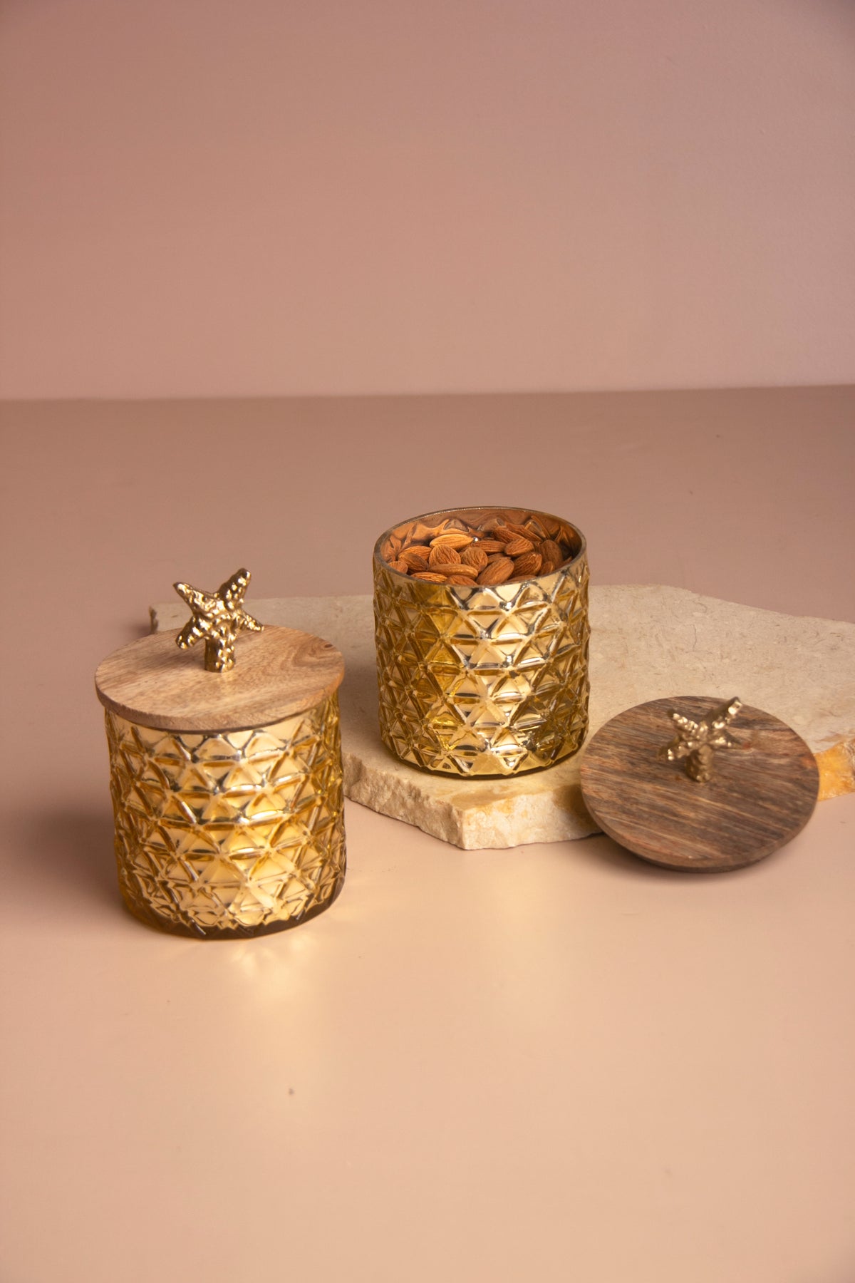Gilded Triangle Gold Glass Jar with Wooden lid - Set of 2