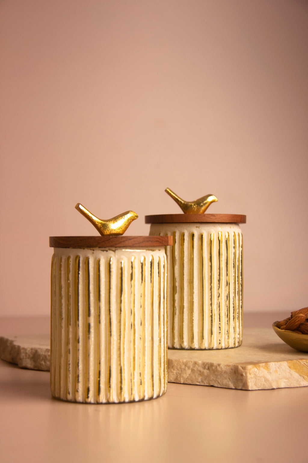 Ivory Crest Glass Jar with Wooden lid - Set of 2
