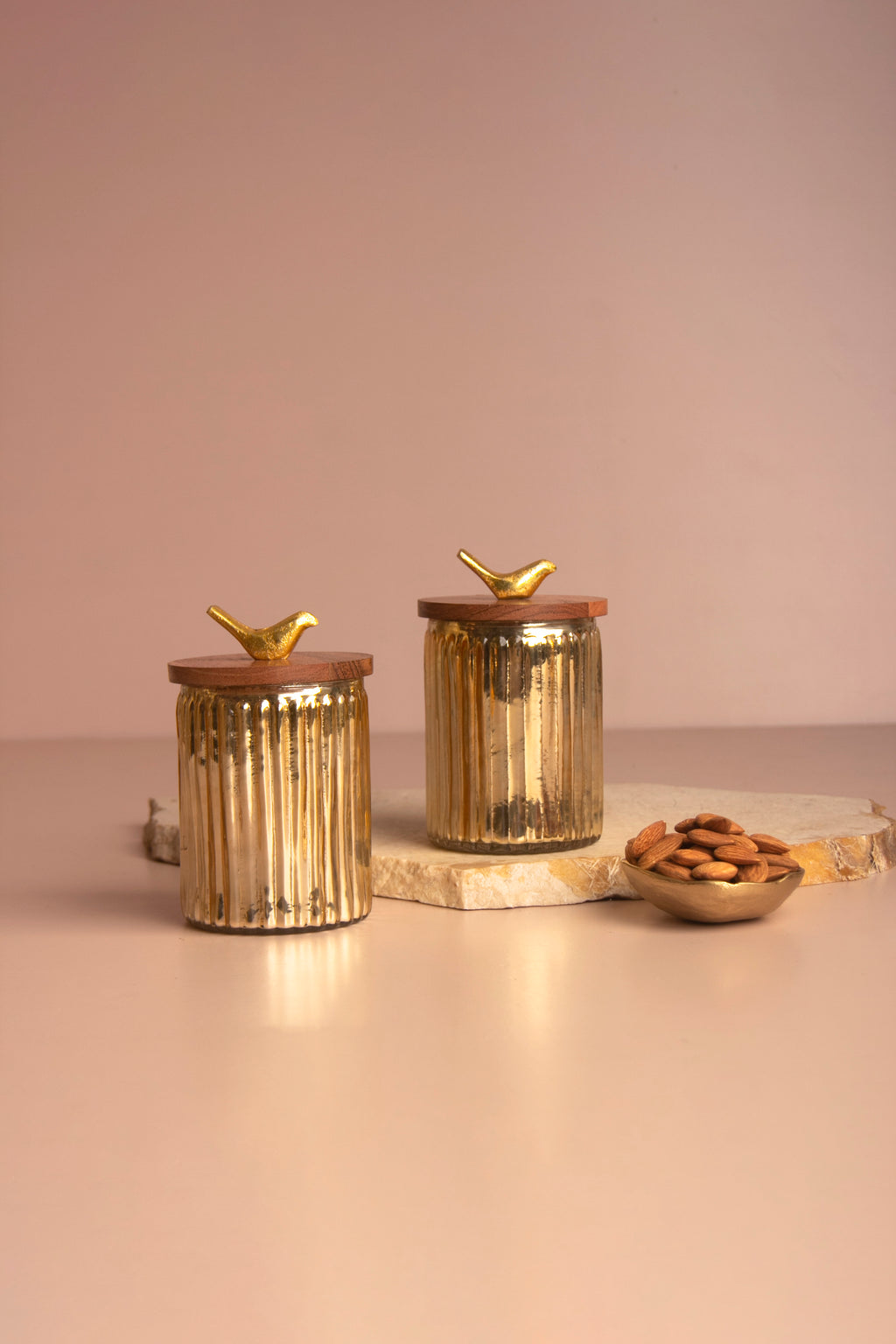 Gilded Crest Glass Jar with Wooden lid - Small - Set of 2