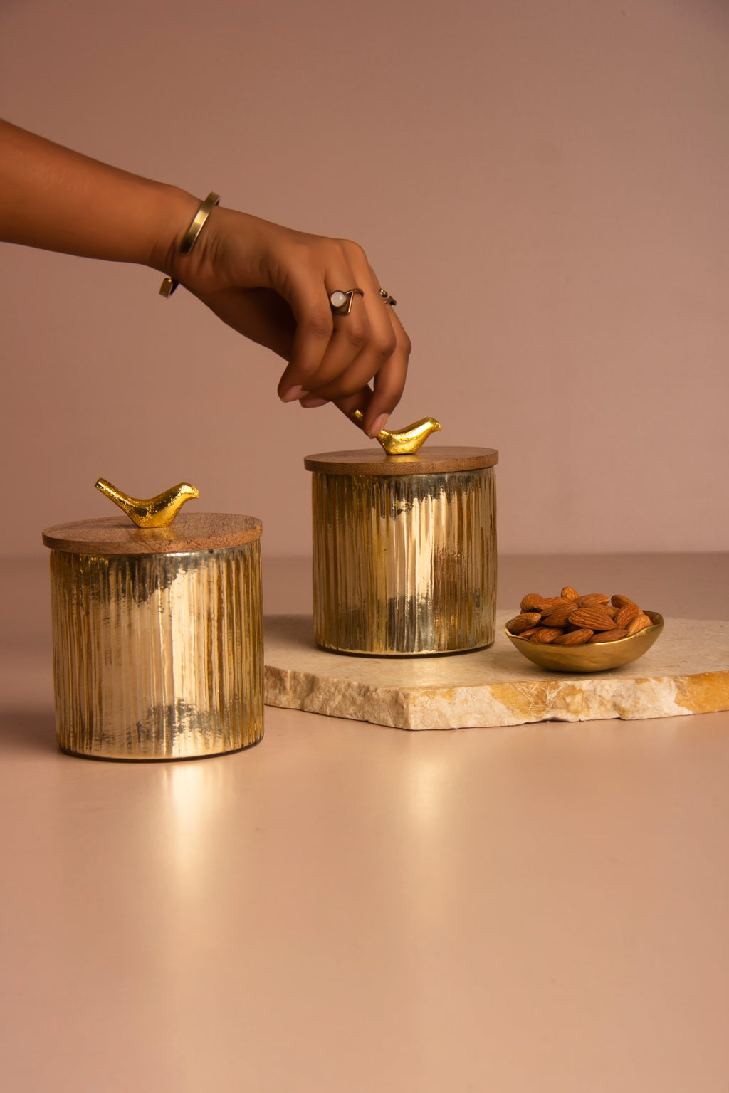 Gilded Crest Glass Jar with Wooden lid - Big - Set of 2