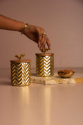 Lumi Gold Ripple Glass Jar with Wooden lid - Set of 2