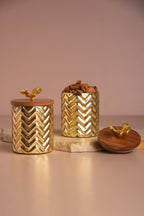 Lumi Gold Ripple Glass Jar with Wooden lid - Set of 2