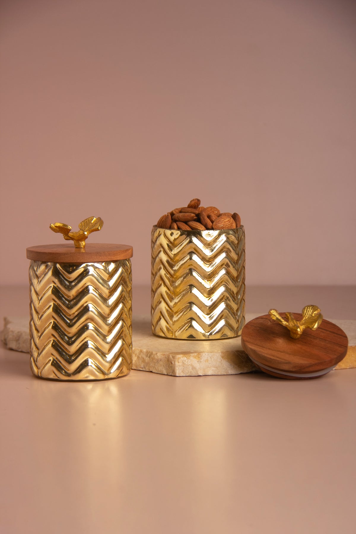 Lumi Gold Ripple Glass Jar with Wooden lid - Set of 2