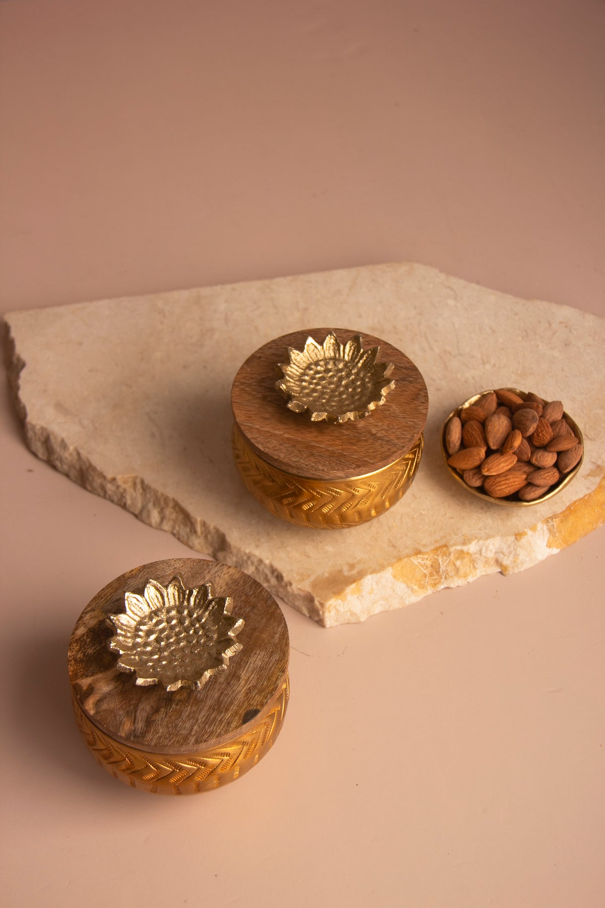 Golden Bloom Jar with Wooden lid - Set of 2