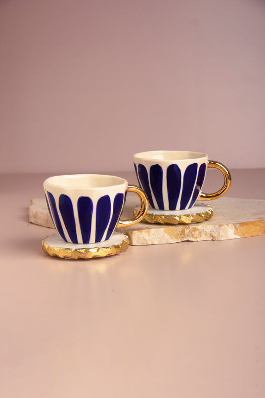 Elegant Hand-Painted Ceramic Cup Set with Round Marble Coasters - Set of 2 (Gift Box Included)
