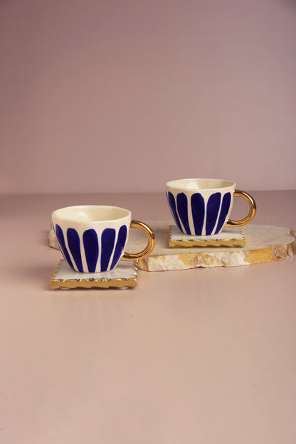 Luxury Hand-Painted Ceramic Cup Set with Gold Accents and Square Marble Coasters - Set of 2 (Gift Box Included)