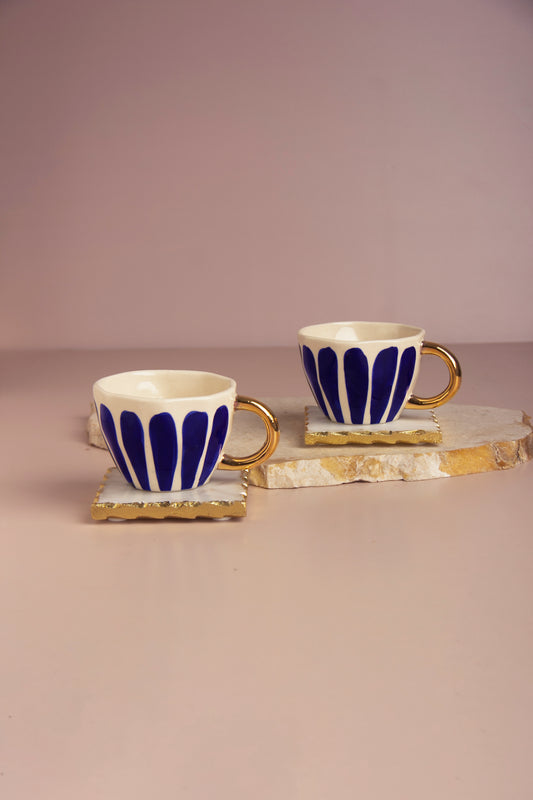 Luxury Hand-Painted Ceramic Cup Set with Gold Accents and Square Marble Coasters - Set of 2 (Gift Box Included)