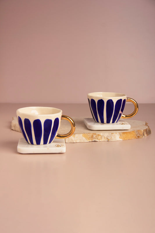 " Royal Blue Hand-Painted Ceramic Cup Set with Gold-Plated Handles & Honey Bee Marble Coasters – Set of 2 (Gift Box Included)
